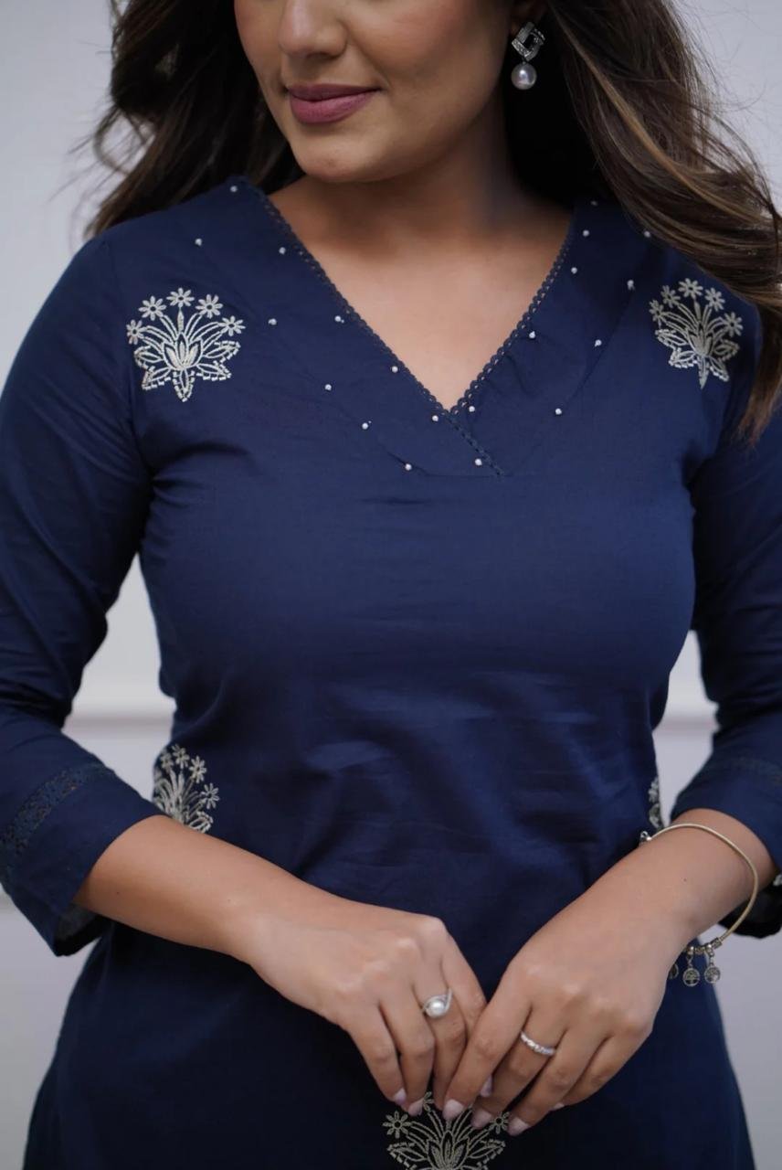 Blue Cotton Embroidered Office Wear Kurti Set